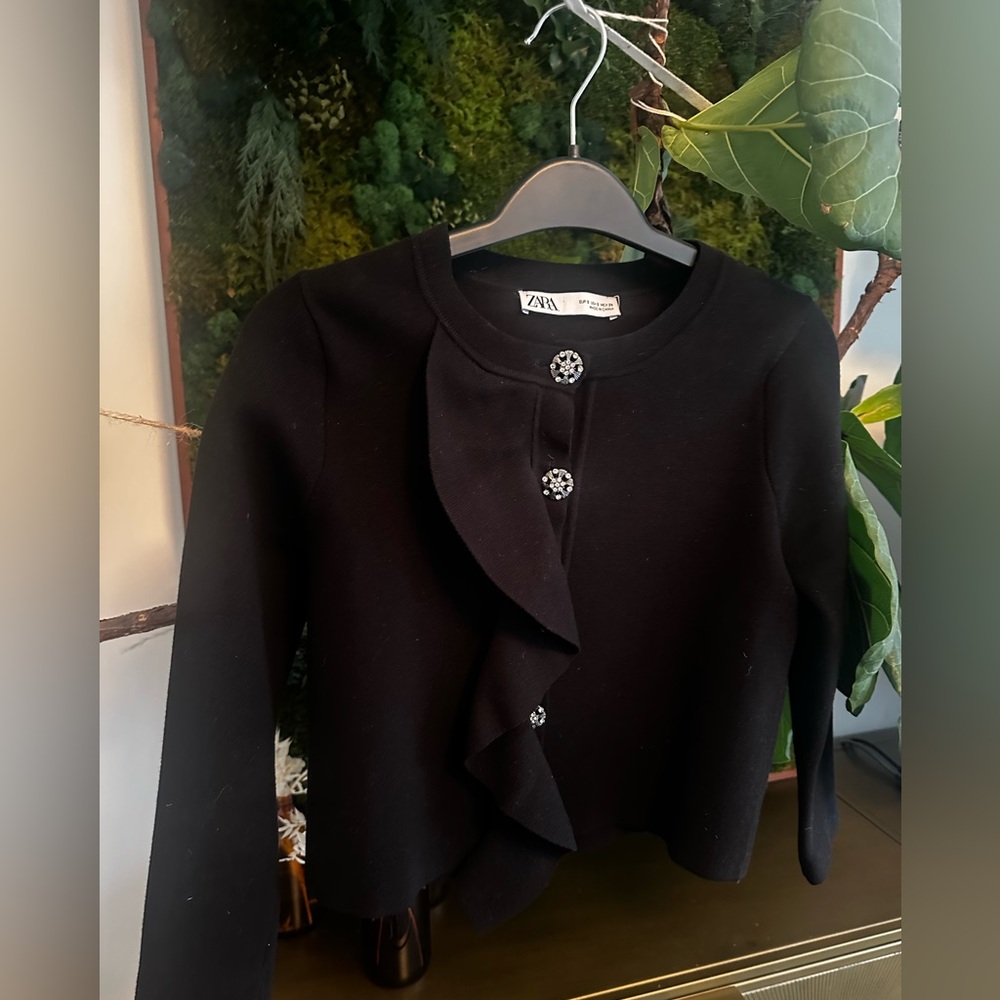 Zara Jeweled Button Ruffle Cardigan with 3/4 Sleeves - Black XS